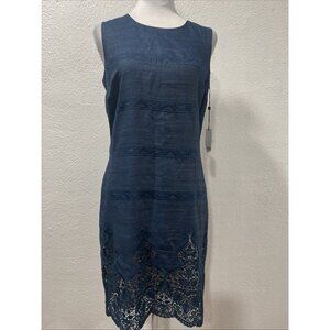 TOMMY‎ HILFIGER WOMEN'S INDIGO Embroidery Lace Hem SLEEVELESS SHEATH DRESS SZ 4